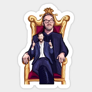 Taskmaster anime style, little Alex Horne sitting on Greg Davies knee - no text Sticker